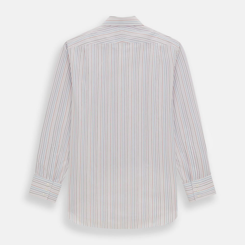 The Pink and Blue Multi Double Pinstripe Mayfair Shirt by Turnbull & Asser is a long-sleeve, button-up with a T&A collar, buttoned cuffs, and thin blue, red, and white stripes on a light background for a classic, formal look.
