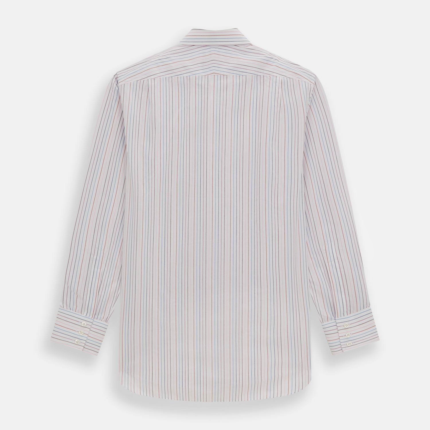 View 3 of product The Pink and Blue Multi Double Pinstripe Mayfair Shirt by Turnbull & Asser is a long-sleeve, button-up with a T&A collar, buttoned cuffs, and thin blue, red, and white stripes on a light background for a classic, formal look.