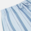 View 2 of product Turnbull & Asser's Blue Multi Stripe Pyjama Trousers feature light blue cotton with a blue multi-stripe pattern, an elastic waistband, and front drawstring, shown laid flat on a white background.