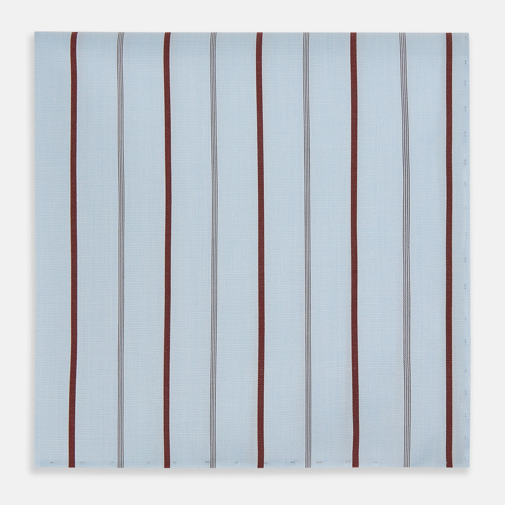 The Turnbull & Asser Burgundy Wide Pinstripe Hand-Rolled Handkerchief features bold burgundy stripes with hand-rolled edges, displayed flat on a white background for an elegant look.