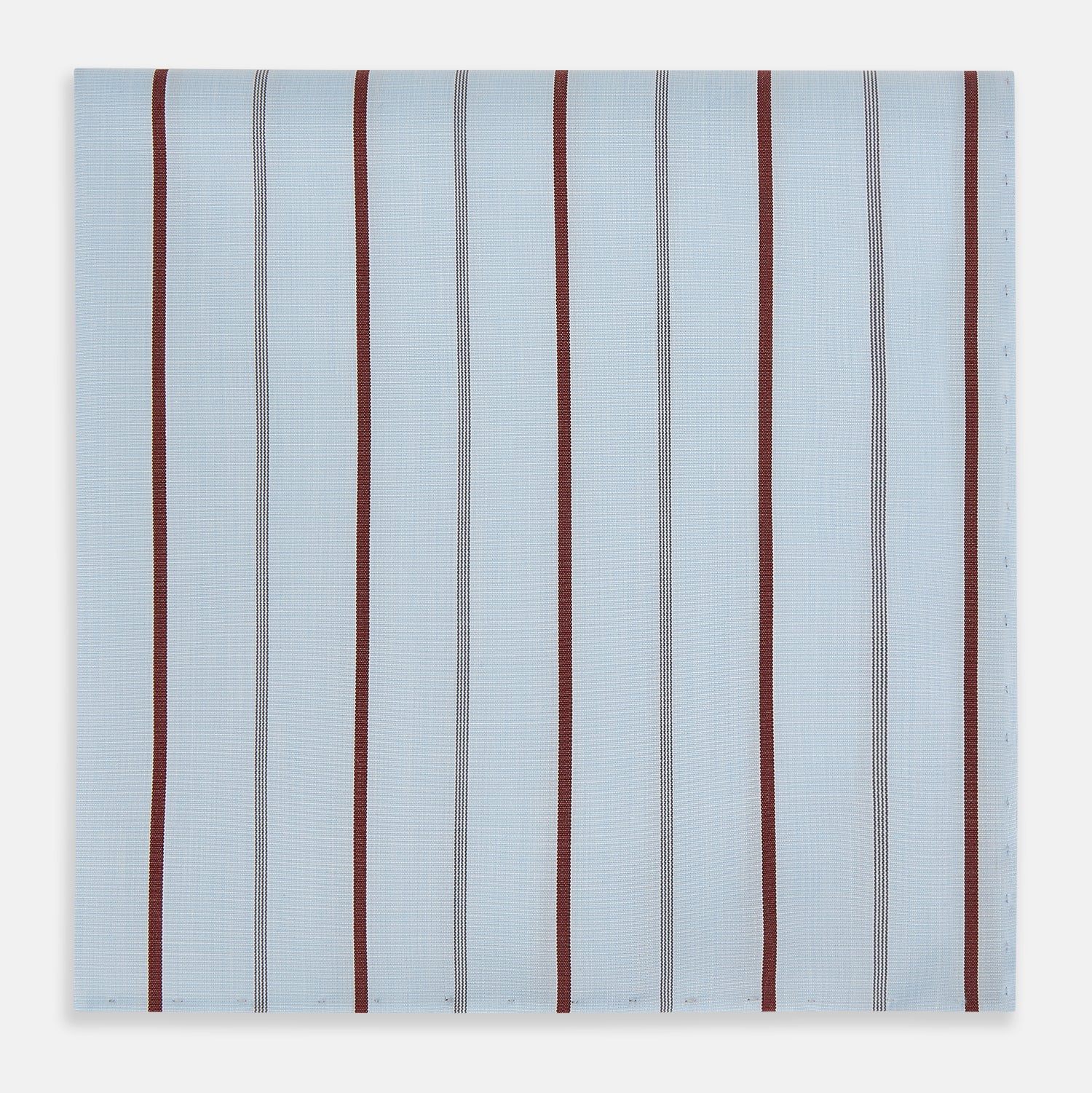 View 1 of product The Turnbull & Asser Burgundy Wide Pinstripe Hand-Rolled Handkerchief features bold burgundy stripes with hand-rolled edges, displayed flat on a white background for an elegant look.