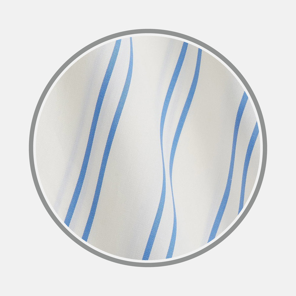A close-up of Turnbull & Asser's Blue and Off-White Stripe Cotton Fabric, featuring wavy blue stripes on white, displayed in a circular gray border against a light background.