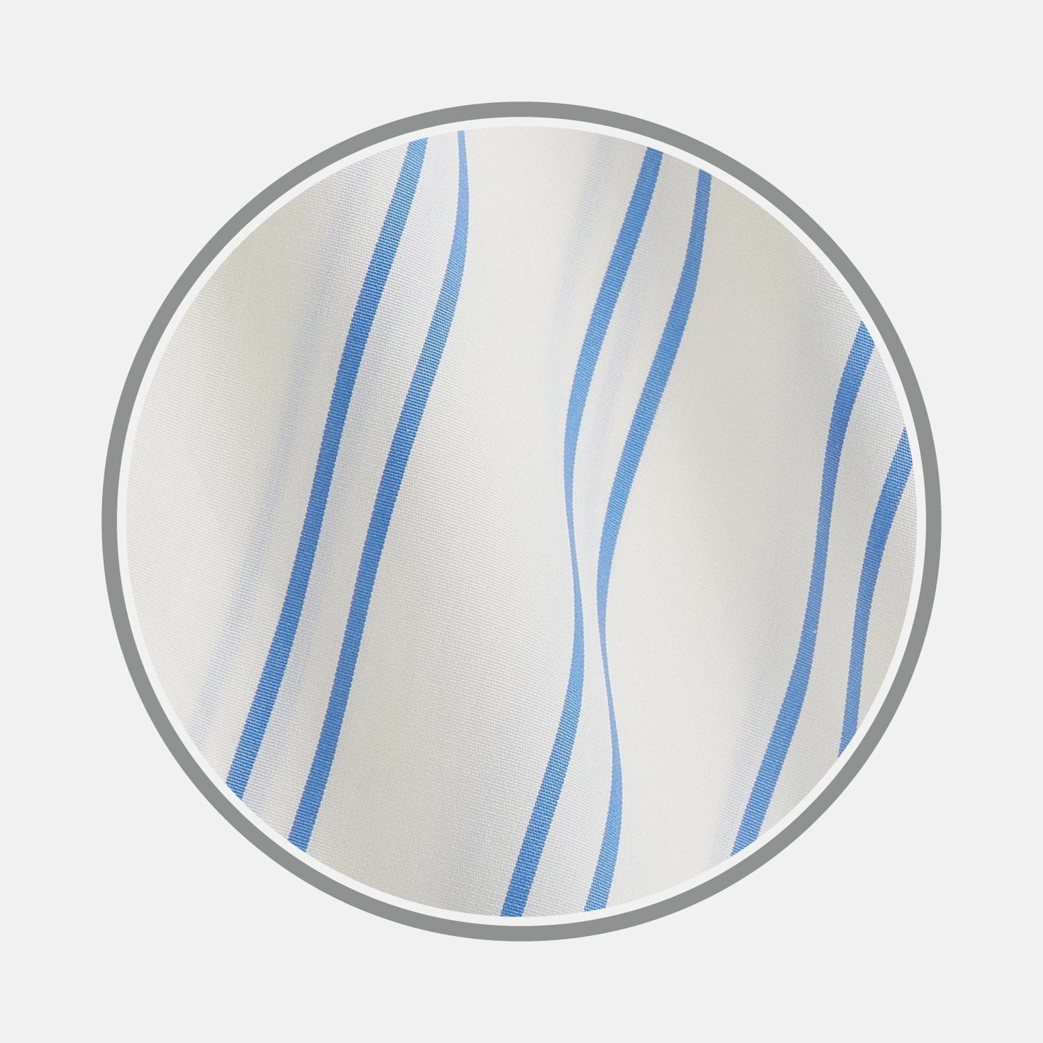 View 1 of product A close-up of Turnbull & Asser's Blue and Off-White Stripe Cotton Fabric, featuring wavy blue stripes on white, displayed in a circular gray border against a light background.