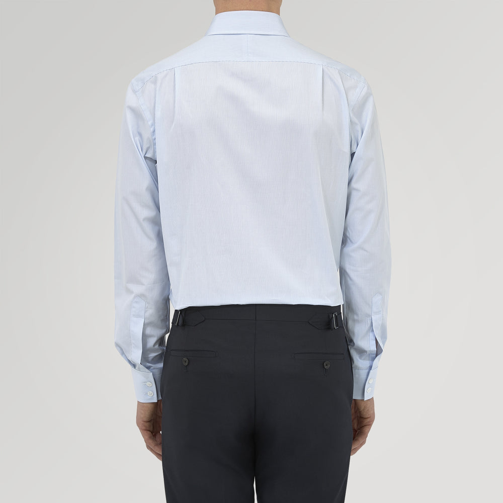 A Tailored Fit Blue Fine Bengal Stripe Shirt with a Kent Collar and 2-button cuffs by Turnbull & Asser, neatly folded and displayed against a plain white background.