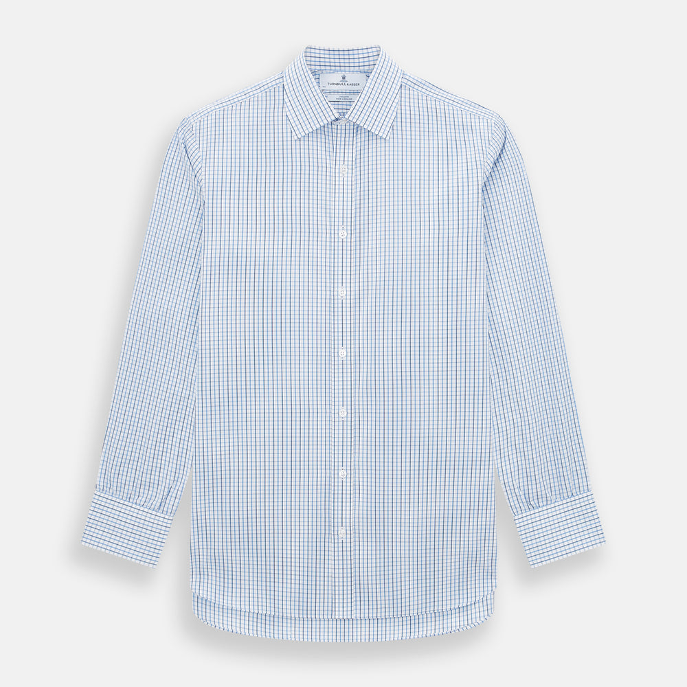 The Turnbull & Asser Blue and Navy Tattersall Check Mayfair Shirt features long sleeves, a button-up front, and a T&A collar in the classic Mayfair fit, shown flat against a white background.