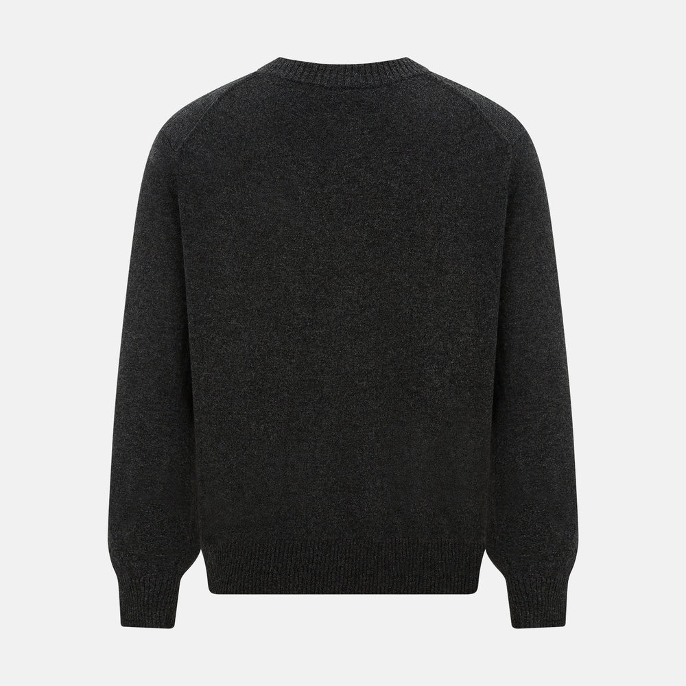 The Turnbull & Asser Dark Grey Melange Cashmere Cardigan features long sleeves, ribbed cuffs and hem, and two front pockets, shown on a plain white background.