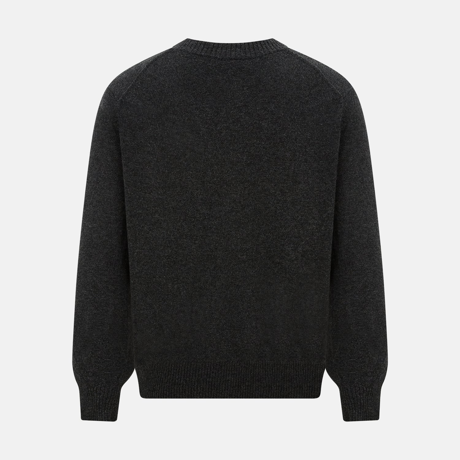 View 3 of product The Turnbull & Asser Dark Grey Melange Cashmere Cardigan features long sleeves, ribbed cuffs and hem, and two front pockets, shown on a plain white background.