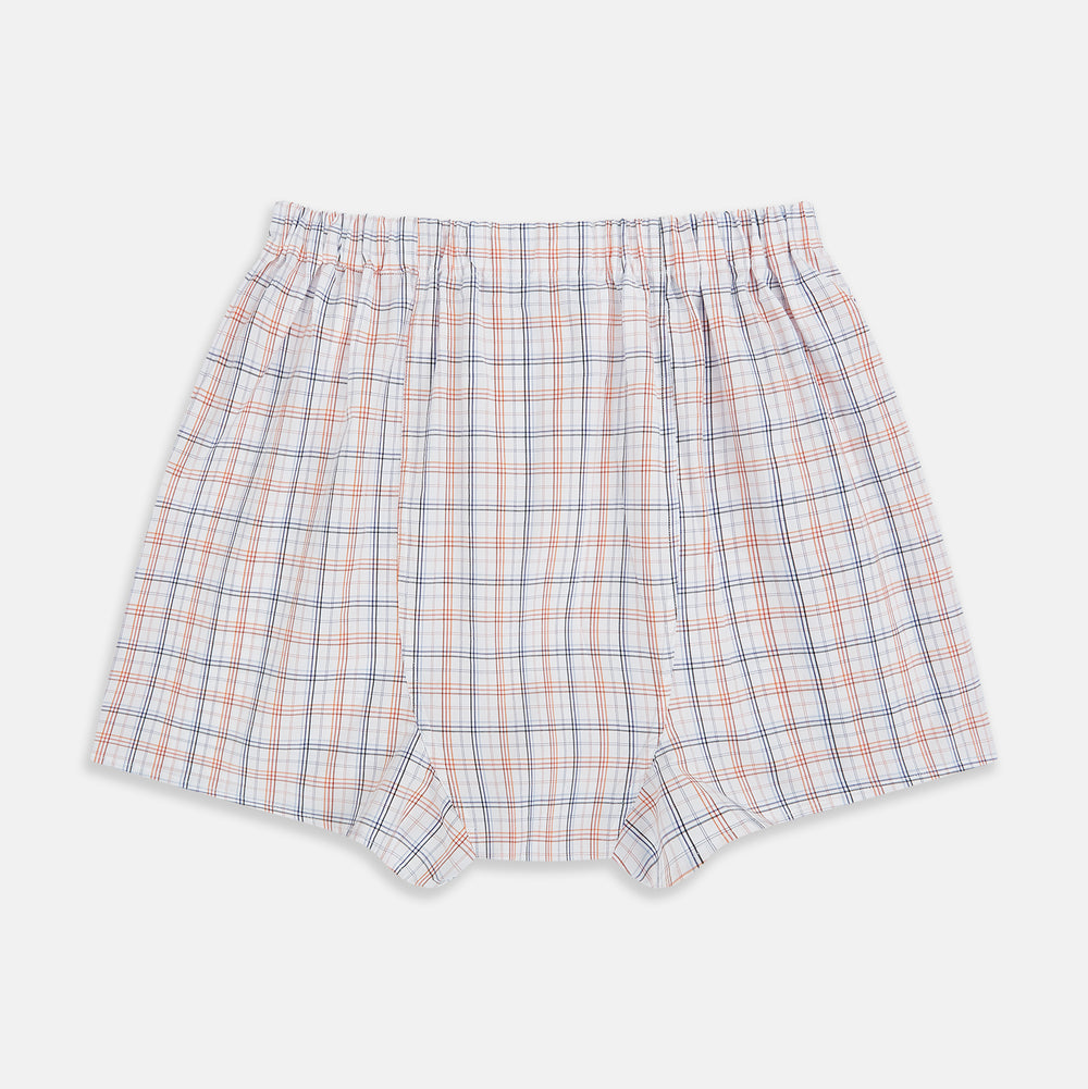 Turnbull & Asser's Blue and Orange Multi Graph Check Godfrey Boxer Shorts, crafted from Italian cotton, feature a multicoloured checked pattern and an elastic waistband. Shown laid flat on a white background.