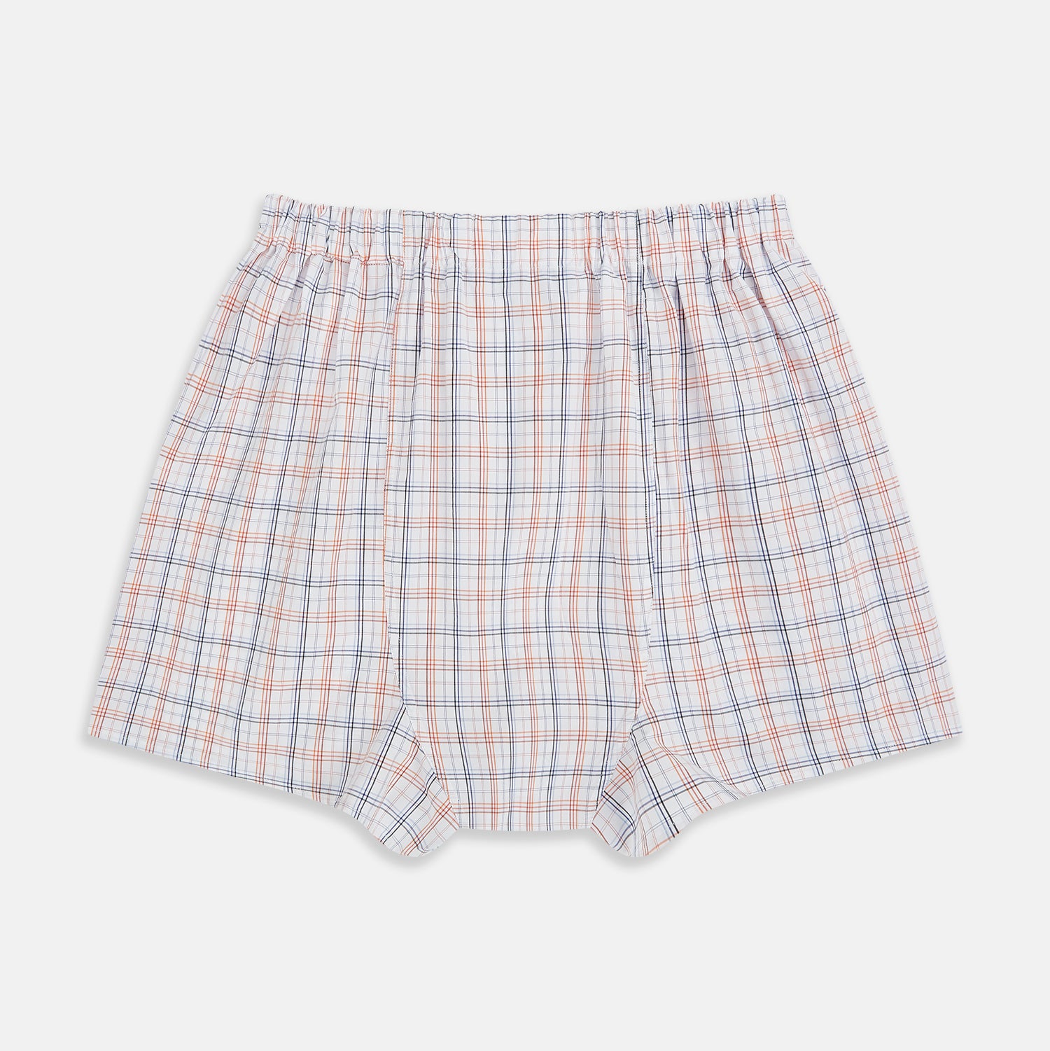 View 2 of product Turnbull & Asser's Blue and Orange Multi Graph Check Godfrey Boxer Shorts, crafted from Italian cotton, feature a multicoloured checked pattern and an elastic waistband. Shown laid flat on a white background.