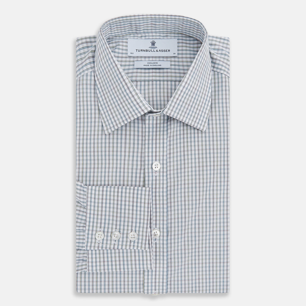 The Turnbull & Asser Forest Green with Multi-Hued Graph Check Mayfair Shirt is a long-sleeve button-up with a classic collar and buttoned cuffs, featuring fine British craftsmanship, shown flat on a white background.