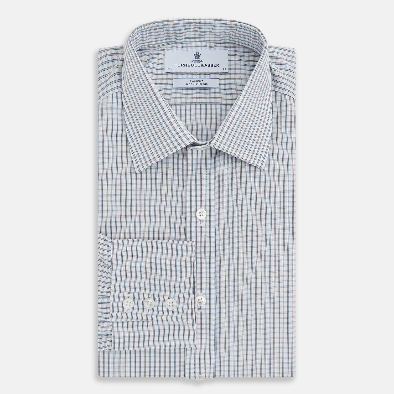 View 5 of product The Turnbull & Asser Forest Green with Multi-Hued Graph Check Mayfair Shirt is a long-sleeve button-up with a classic collar and buttoned cuffs, featuring fine British craftsmanship, shown flat on a white background.