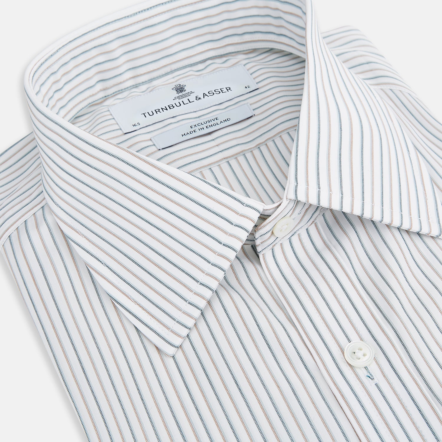 View 2 of product The Teal Double Stripe Mayfair Shirt by Turnbull & Asser is a long-sleeved, button-up shirt with thin teal stripes, a pointed collar, and buttoned cuffs—an essential piece for any gentleman’s wardrobe, shown laid flat on a white background.