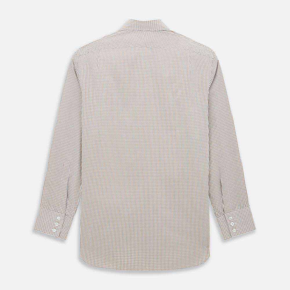 The Coffee Micro Shadow Check Mayfair Shirt by Turnbull & Asser is a long-sleeved, button-up shirt made from fine Italian cotton with a small brown and white check pattern, classic collar, and buttoned cuffs—an essential for any man’s wardrobe.