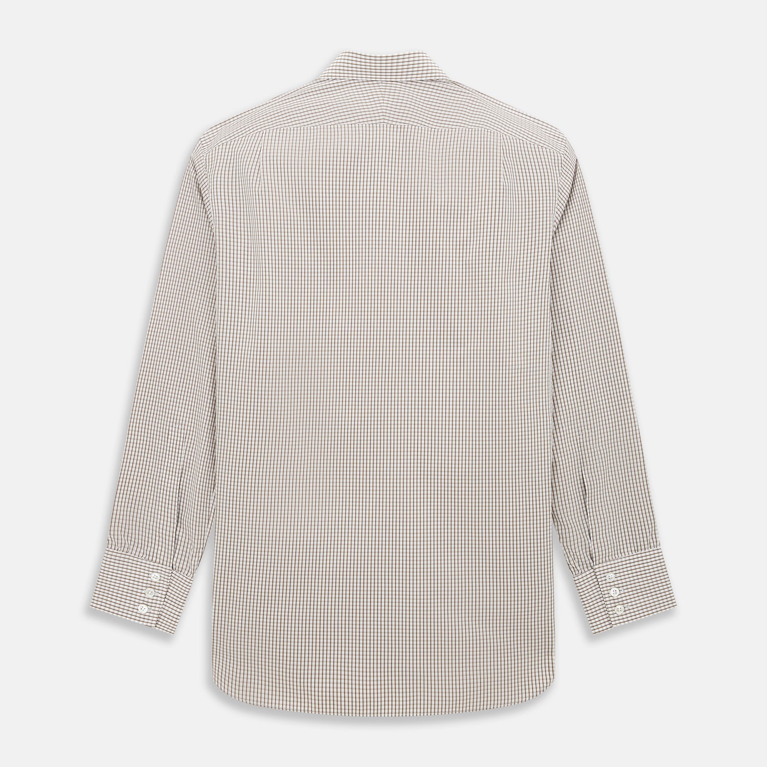 View 3 of product The Coffee Micro Shadow Check Mayfair Shirt by Turnbull & Asser is a long-sleeved, button-up shirt made from fine Italian cotton with a small brown and white check pattern, classic collar, and buttoned cuffs—an essential for any man’s wardrobe.