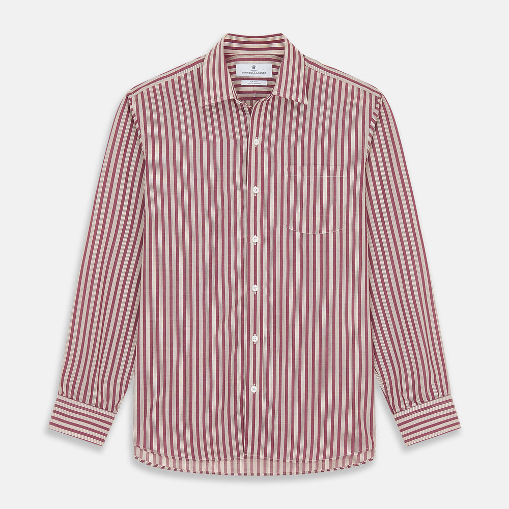 The Turnbull & Asser Burgundy Multi Stripe Weekend Fit Wool Shirt features a Derby collar, 1 button cuffs, and vertical red and white stripes, ideal for casual wear, shown against a white background.