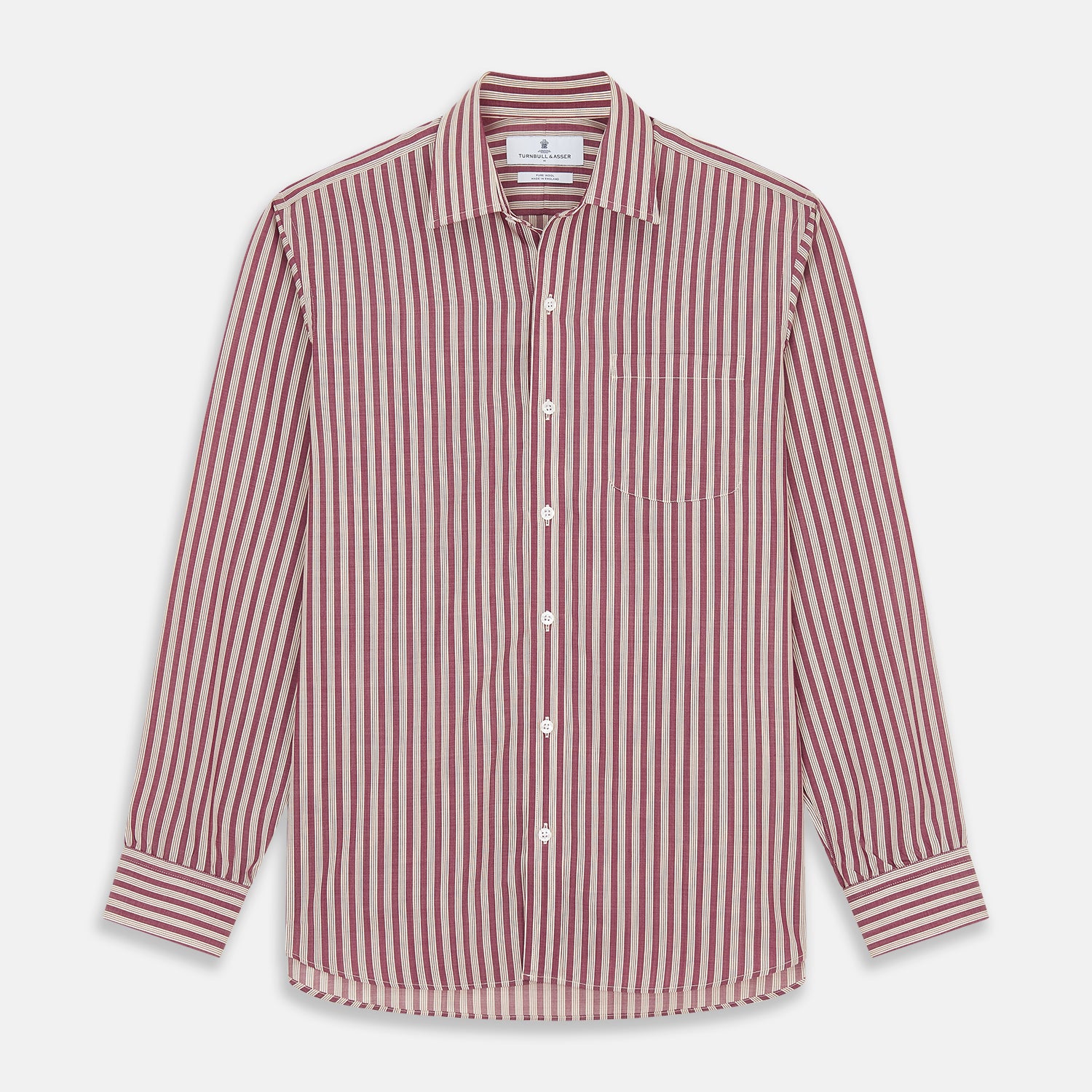 View 1 of product The Turnbull & Asser Burgundy Multi Stripe Weekend Fit Wool Shirt features a Derby collar, 1 button cuffs, and vertical red and white stripes, ideal for casual wear, shown against a white background.