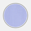 View 1 of product A close-up of Turnbull & Asser's Blue Fine Check Sea Island Quality Cotton Fabric, featuring a small light blue and white checkered pattern, shown as a circular swatch on a white background with a gray border.