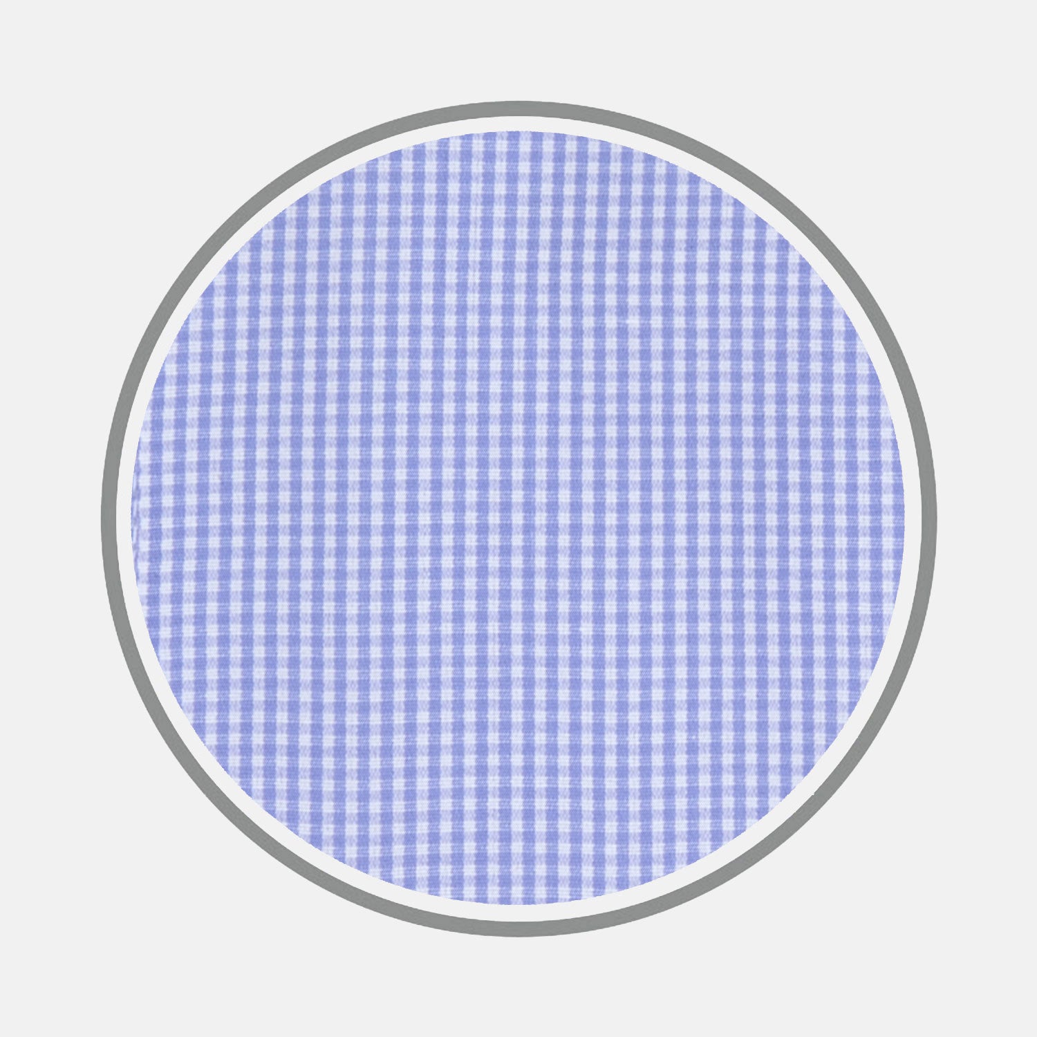 View 1 of product A close-up of Turnbull & Asser's Blue Fine Check Sea Island Quality Cotton Fabric, featuring a small light blue and white checkered pattern, shown as a circular swatch on a white background with a gray border.