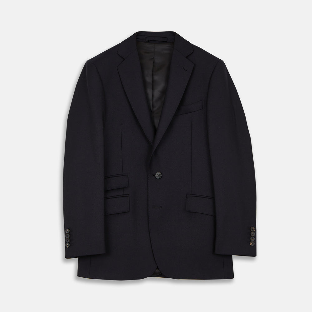 The Turnbull & Asser Navy Escorial Wool Jacket is a tailored men's blazer featuring notch lapels, a single-breasted one-button front, and multiple pockets, shown flat against a white background.