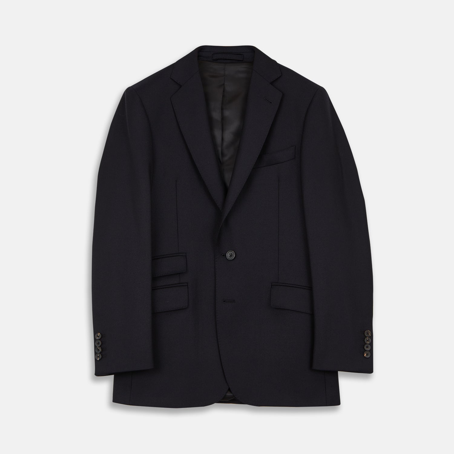 View 1 of product The Turnbull & Asser Navy Escorial Wool Jacket is a tailored men's blazer featuring notch lapels, a single-breasted one-button front, and multiple pockets, shown flat against a white background.