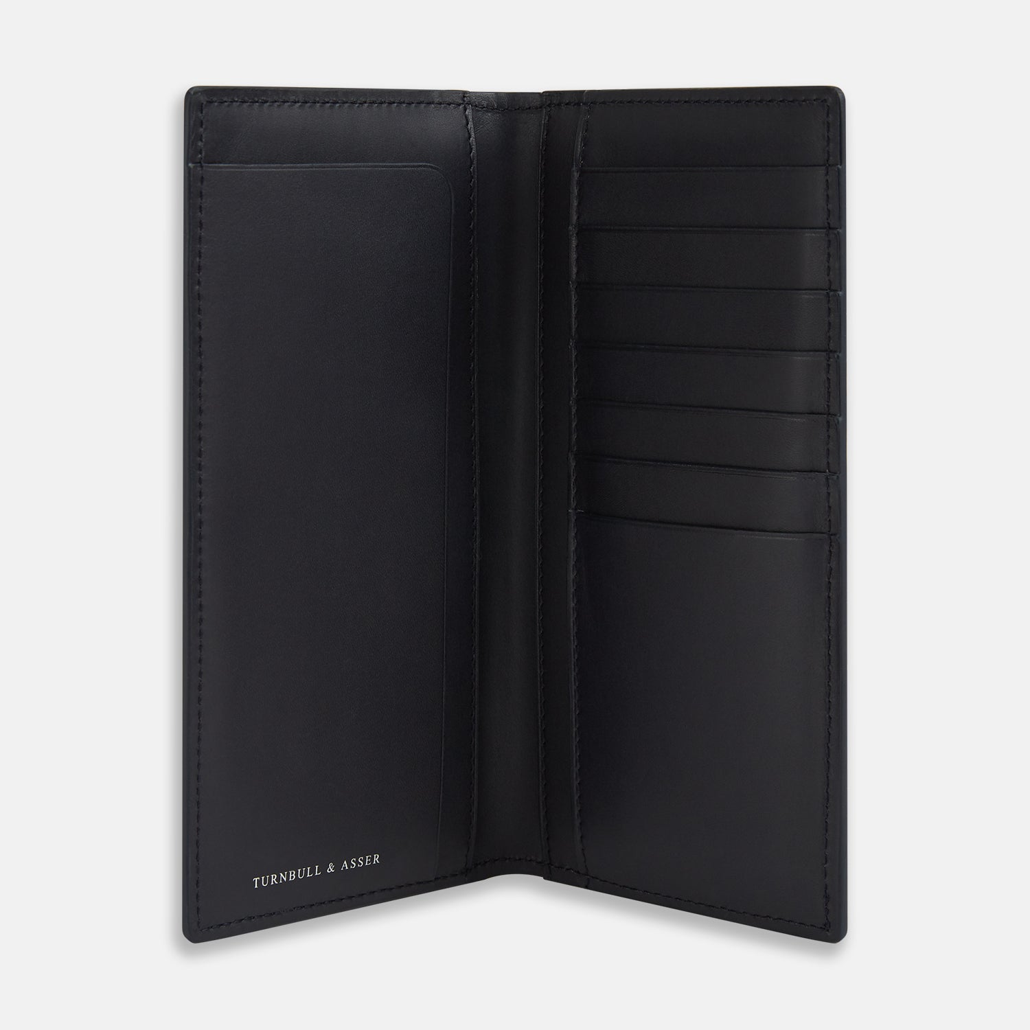 View 2 of product A navy, rectangular men's wallet—the B Cut Continental Wallet by Turnbull & Asser—made from smooth leather with visible edge stitching, shown closed against a plain white background.