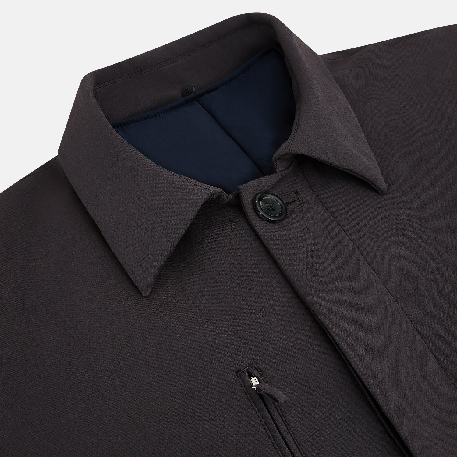 View 2 of product The Dark Chocolate John Arthur Trench Coat by Turnbull & Asser features a pointed collar, two large slanted side pockets, and a vertical chest pocket—a versatile 2-in-1 piece ideal for any occasion.