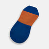 View 3 of product The Turnbull & Asser Royal Blue & Orange No-Show Socks are soft cotton, low-cut socks with a royal blue heel and toe, orange midsection, and blue lining, shown on a plain white background.