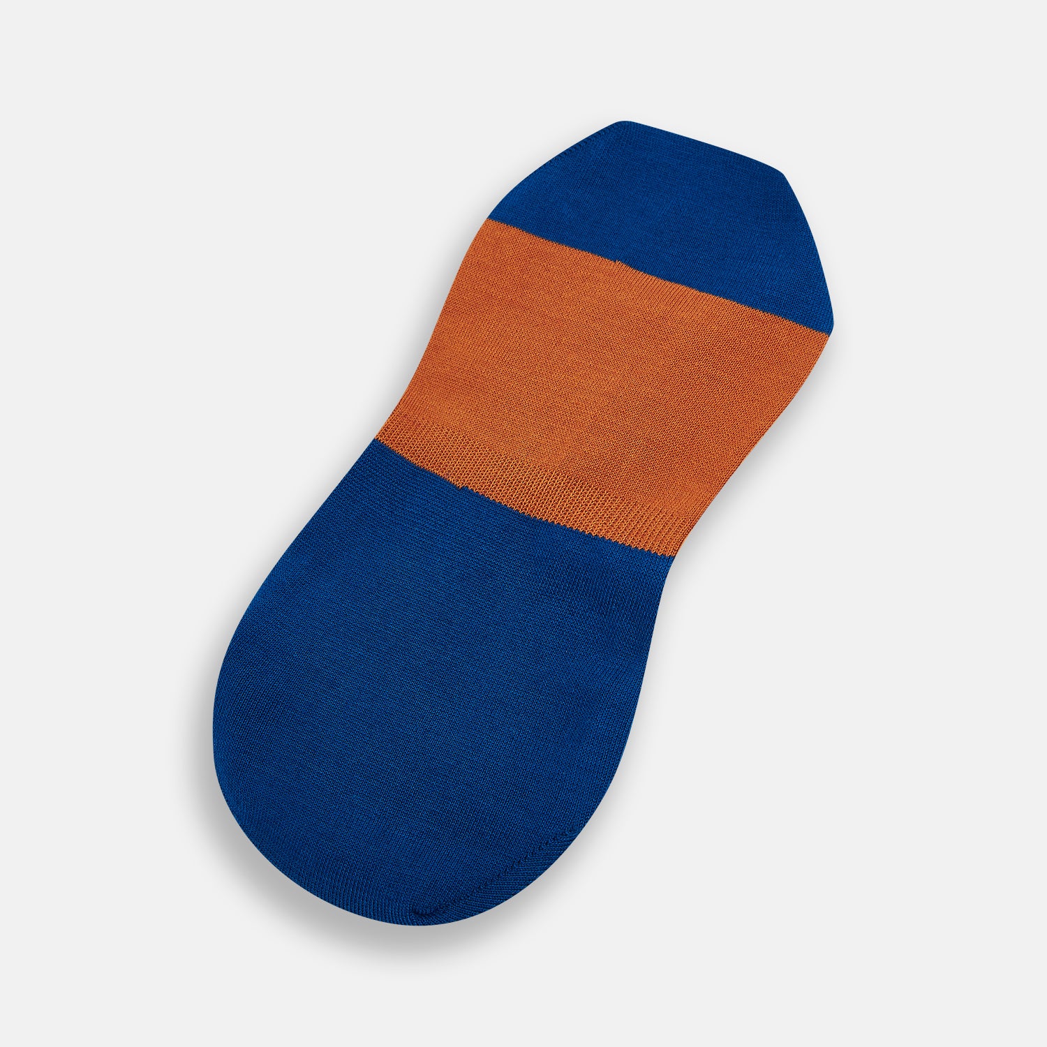 View 3 of product The Turnbull & Asser Royal Blue & Orange No-Show Socks are soft cotton, low-cut socks with a royal blue heel and toe, orange midsection, and blue lining, shown on a plain white background.