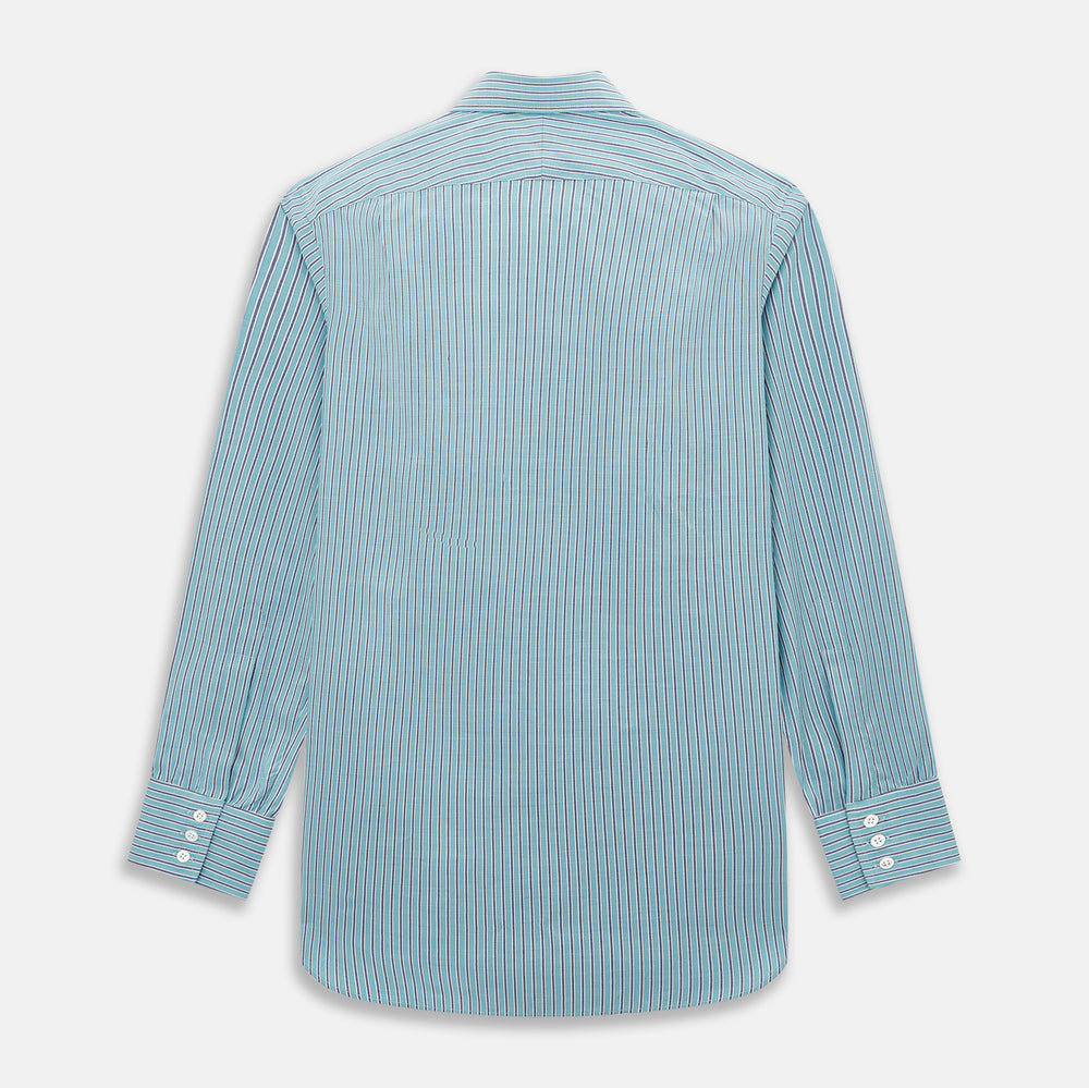 The Turnbull & Asser Turquoise Ticking Stripe Mayfair Shirt is a long-sleeve, button-up shirt in fine Italian cotton with light blue and white stripes, a collar, white buttons, curved hem, and subtle turquoise ticking stripe.