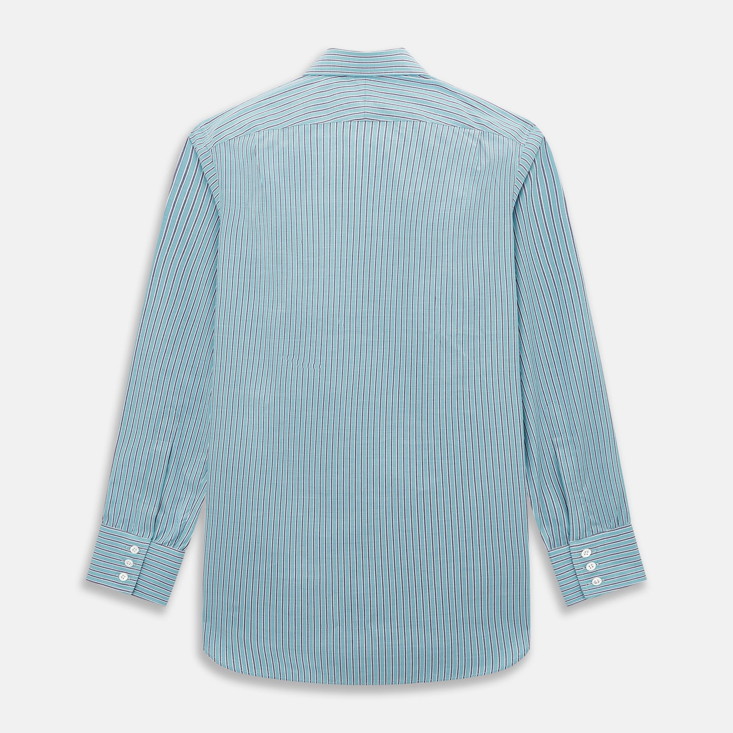 View 3 of product The Turnbull & Asser Turquoise Ticking Stripe Mayfair Shirt is a long-sleeve, button-up shirt in fine Italian cotton with light blue and white stripes, a collar, white buttons, curved hem, and subtle turquoise ticking stripe.