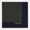 View 4 of product The Turnbull & Asser Navy and Gold Stripe Silk Pocket Square features light yellow vertical stripes, a folded corner, and "TURNBULL & ASSER HAND PRINTED IN ENGLAND" in gold at the bottom right.