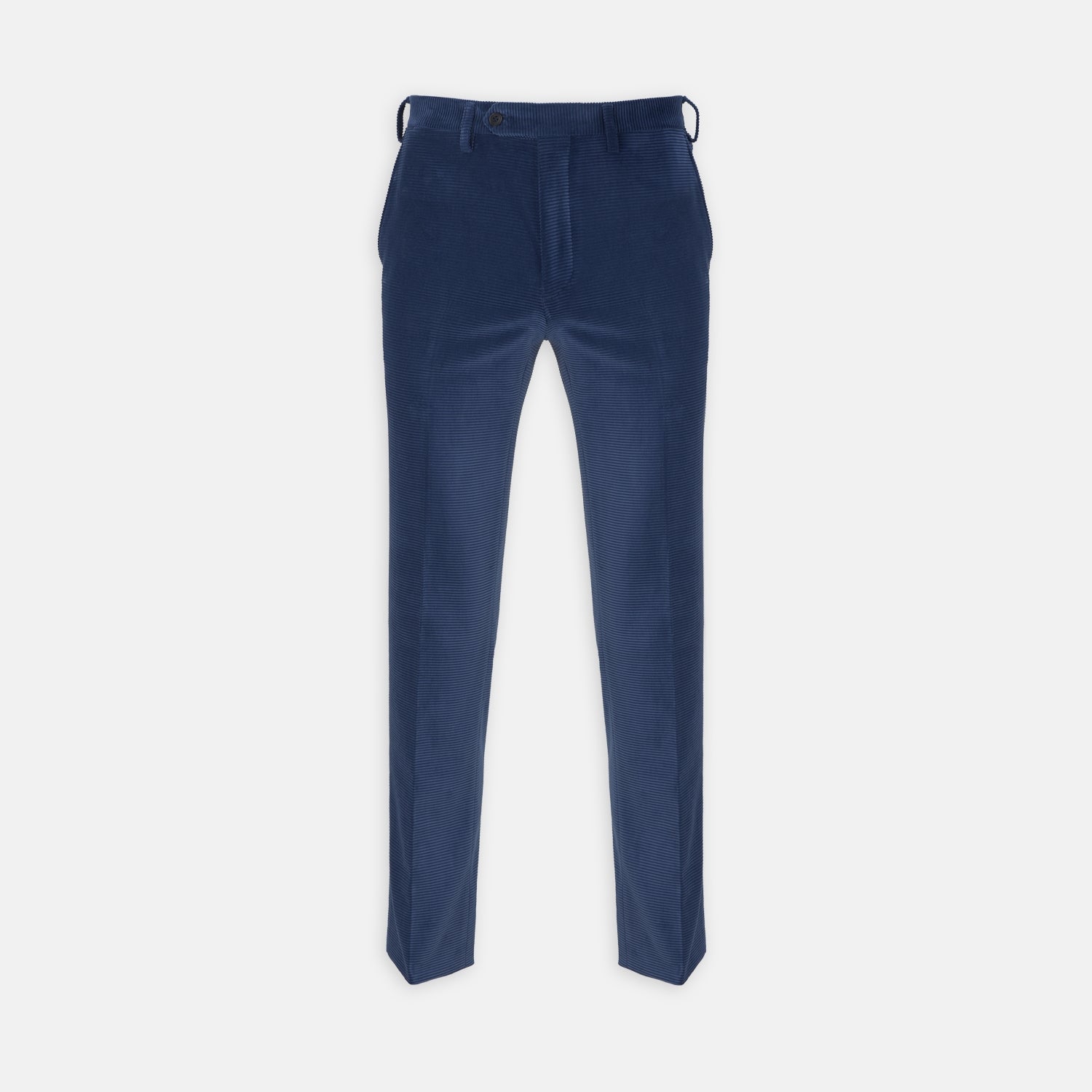View 1 of product Turnbull & Asser Navy Plain Trousers: tailored slim-fit design with belt loops, front pockets, and button closure, shown against a white background.