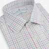 View 2 of product The Turnbull & Asser Multicoloured Double Grid Check Mayfair Shirt, made from organic cotton, features long sleeves, a collar, and a blue, green, and red grid check on white. The shirt is shown neatly laid flat against a white background.