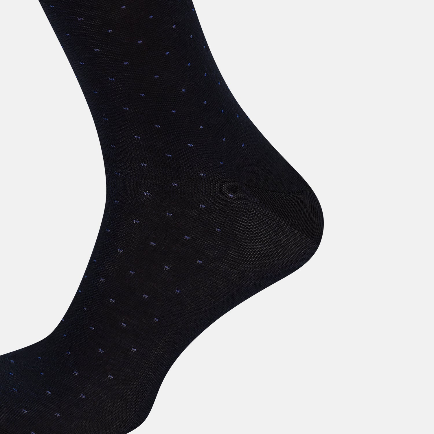 View 4 of product The Turnbull & Asser Navy/Azzurro Polka Dot Mid-Length Sock features subtle light blue polka dots on navy cotton, shown against a plain white background.