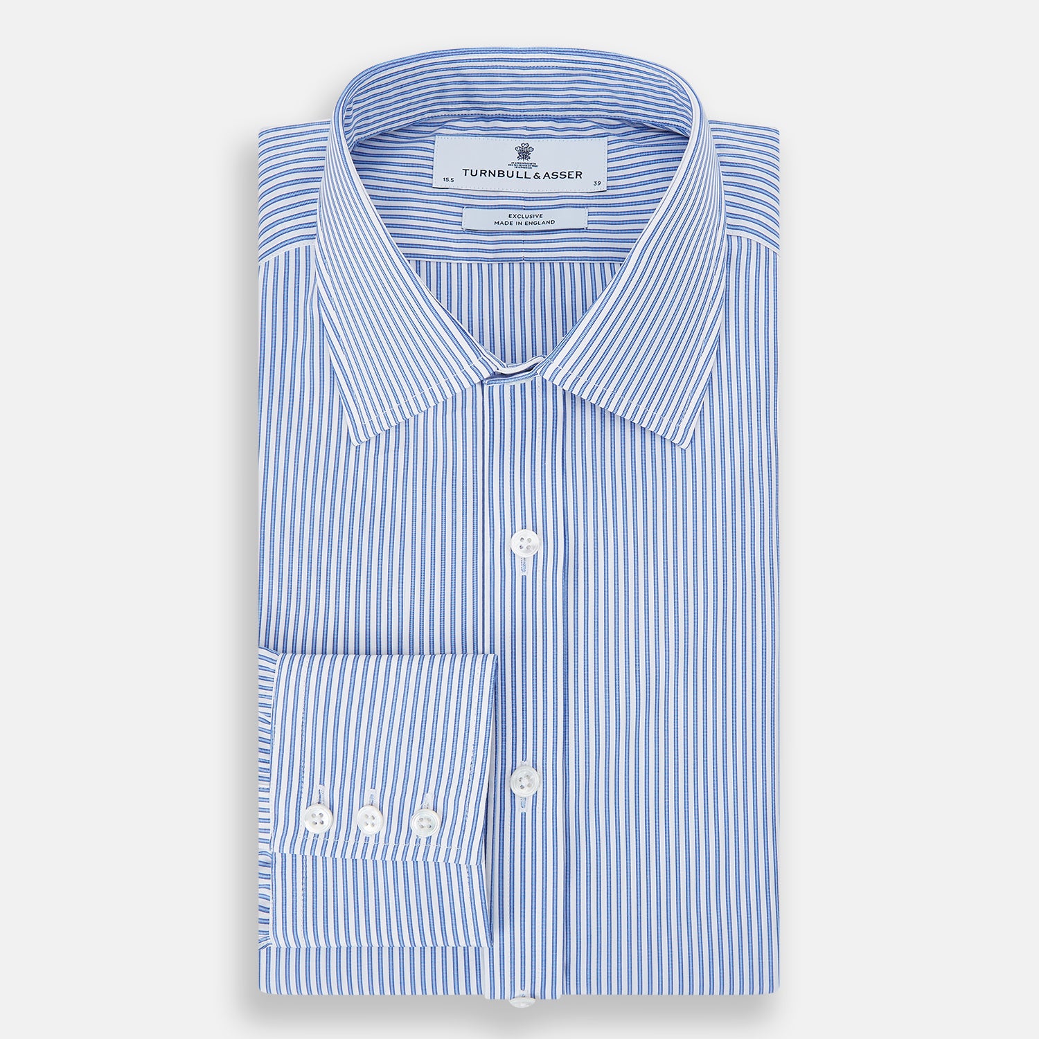 View 5 of product The Sky Blue Halo Stripe Mayfair Shirt by Turnbull & Asser, a long-sleeved button-up with thin blue and white vertical stripes, classic collar and cuffs, is shown laid flat on a white background.