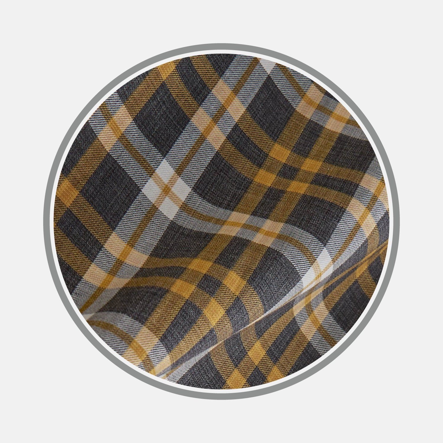 View 1 of product Close-up of Turnbull & Asser’s Yellow Check Cotton Fabric, highlighting its intersecting black, yellow, white, and gray lines in a plaid pattern, displayed within a circular frame on a plain light background.