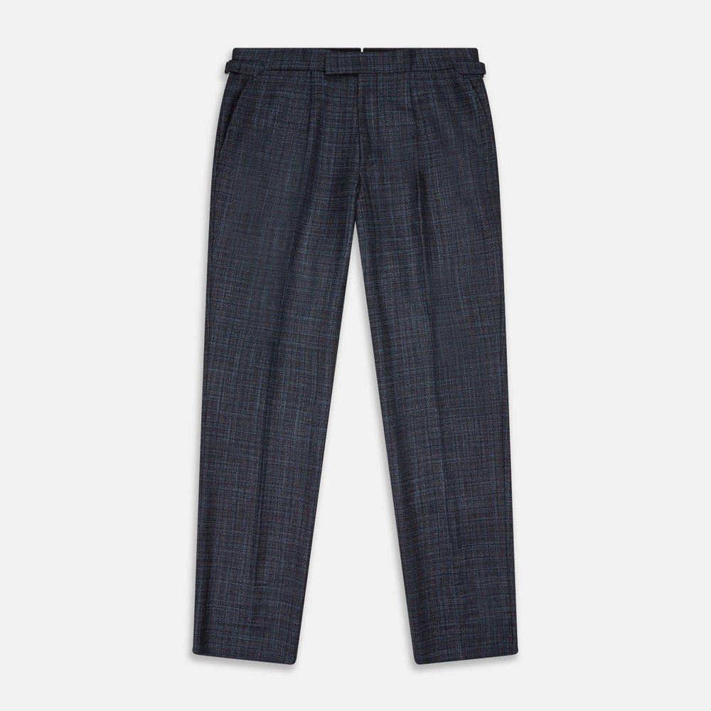 The Turnbull & Asser Navy Check Wool and Cashmere Blend Wilson Trousers feature a subtle plaid, belt loops, front pleats, and a straight-leg fit, displayed against a light background.