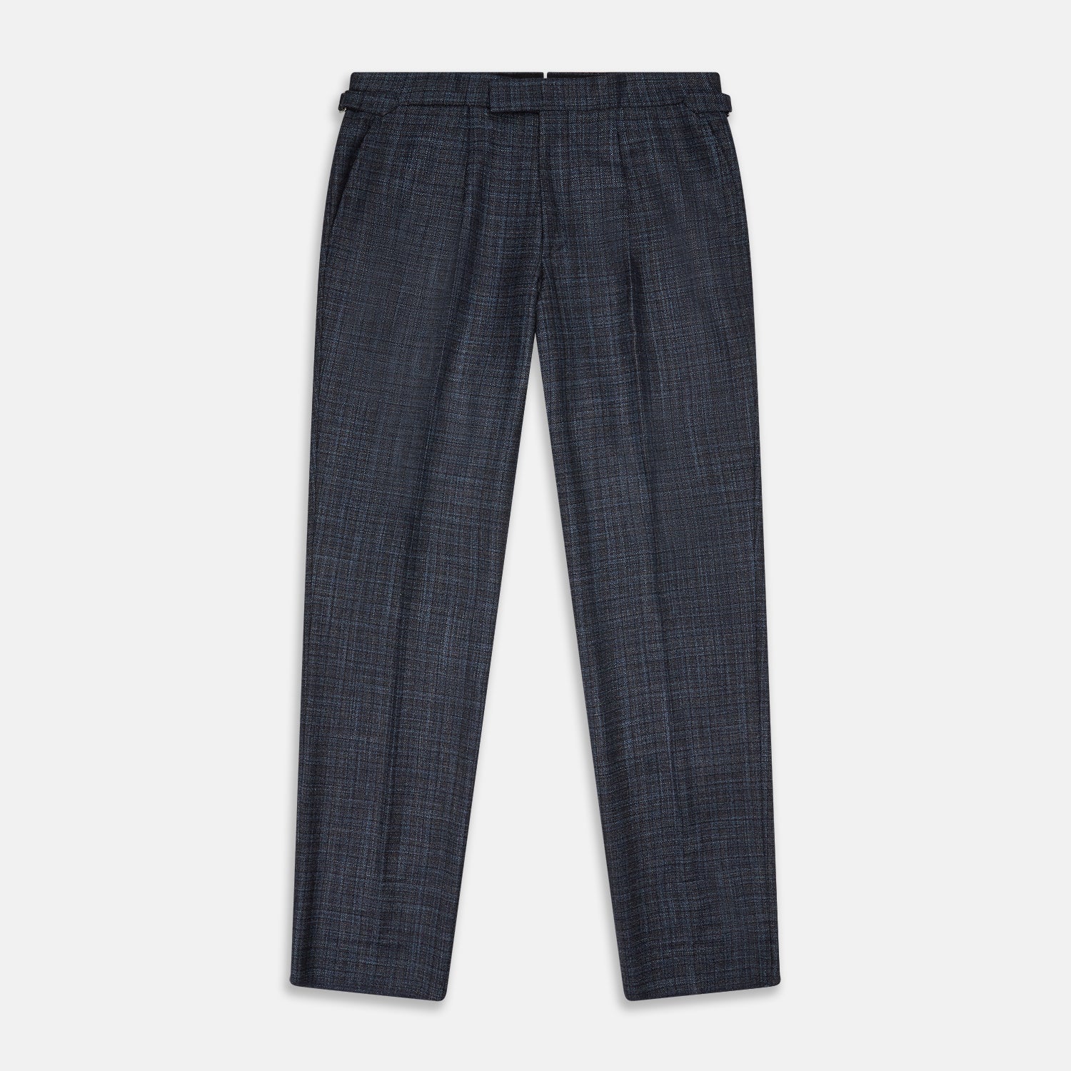 View 1 of product The Turnbull & Asser Navy Check Wool and Cashmere Blend Wilson Trousers feature a subtle plaid, belt loops, front pleats, and a straight-leg fit, displayed against a light background.
