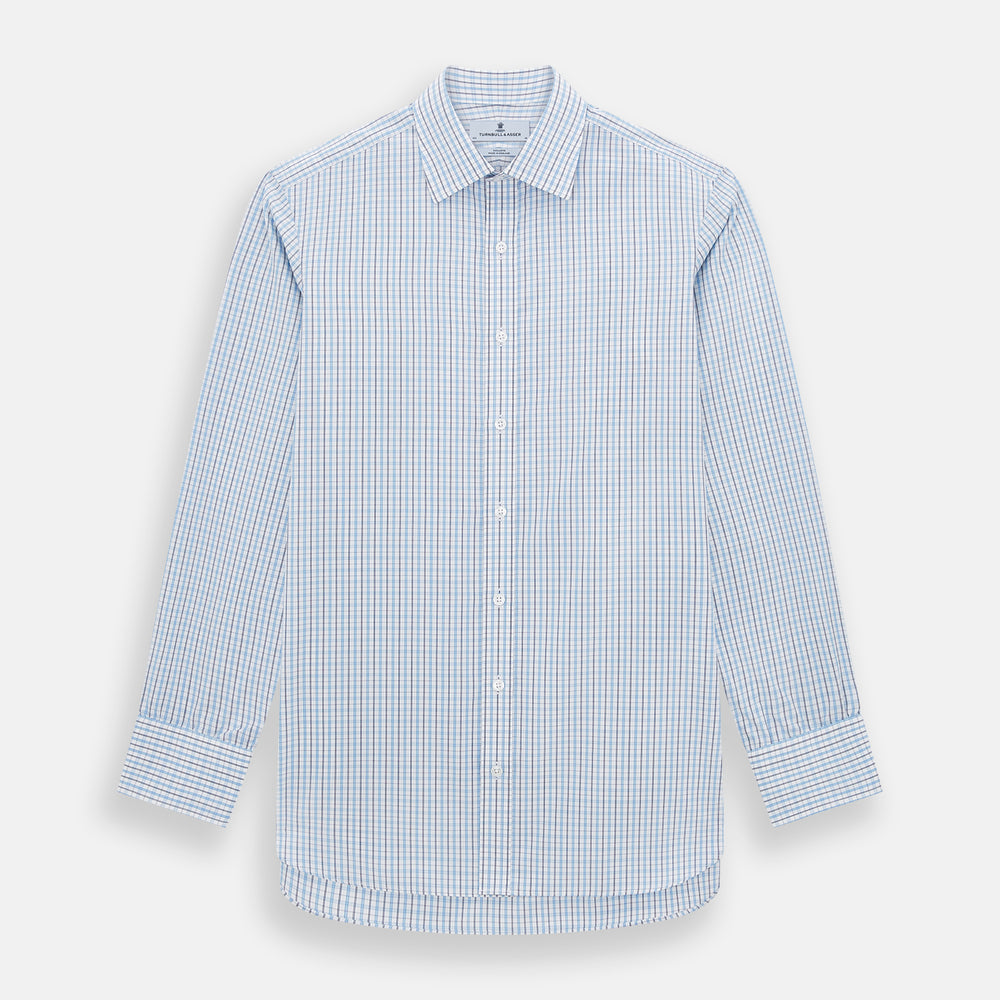 The Turnbull & Asser Navy and Blue Multi Check Mayfair Shirt features a crisp blue and navy check pattern, T&A collar, long sleeves, and a tailored Mayfair fit.