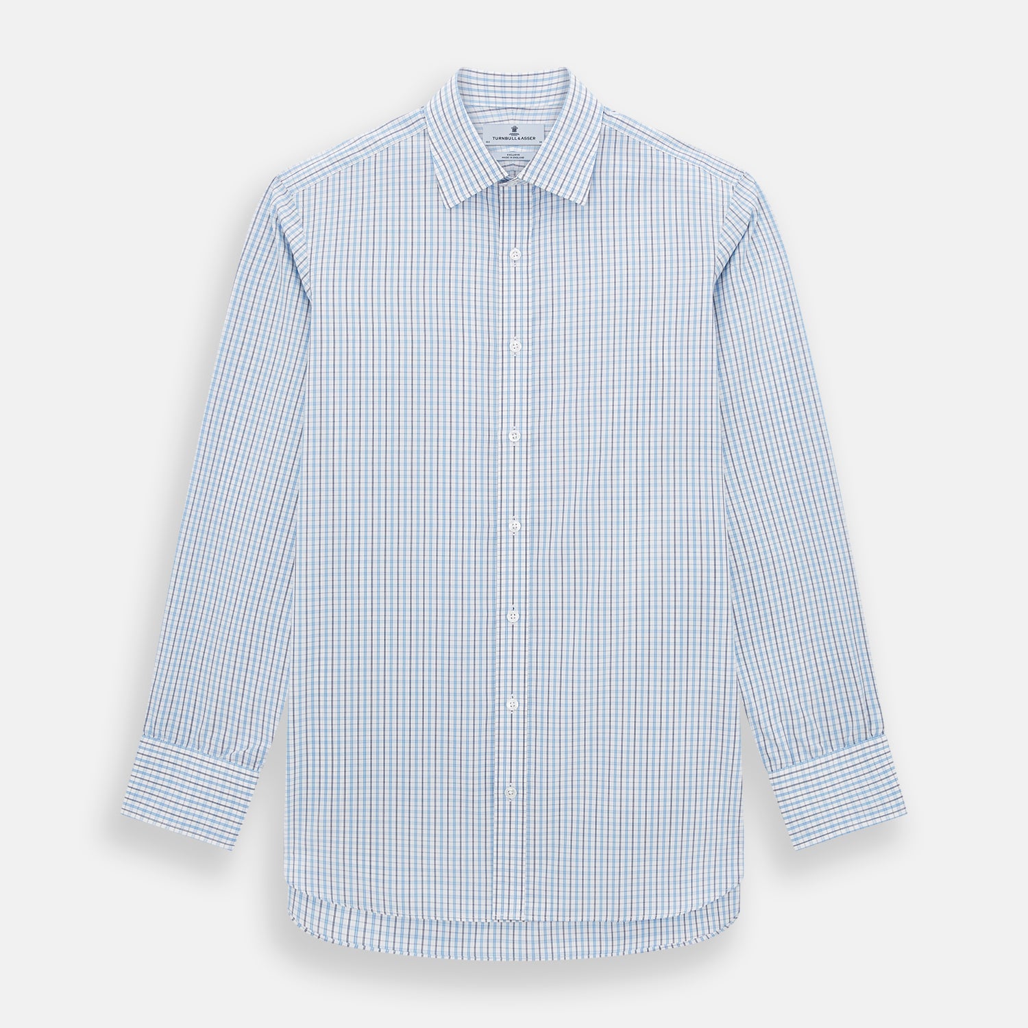 View 1 of product The Turnbull & Asser Navy and Blue Multi Check Mayfair Shirt features a crisp blue and navy check pattern, T&A collar, long sleeves, and a tailored Mayfair fit.