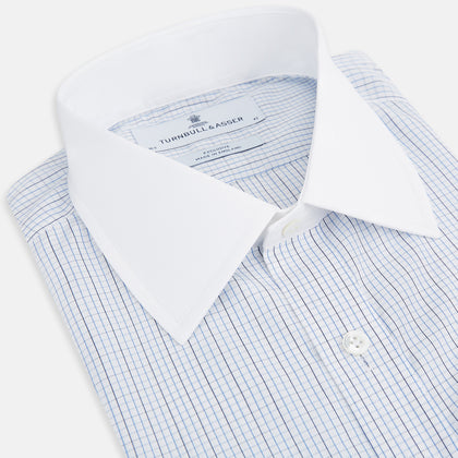 Pale Blue and Navy Grid Check Shirt with Contrast T&A Collar and Cuffs Image 1