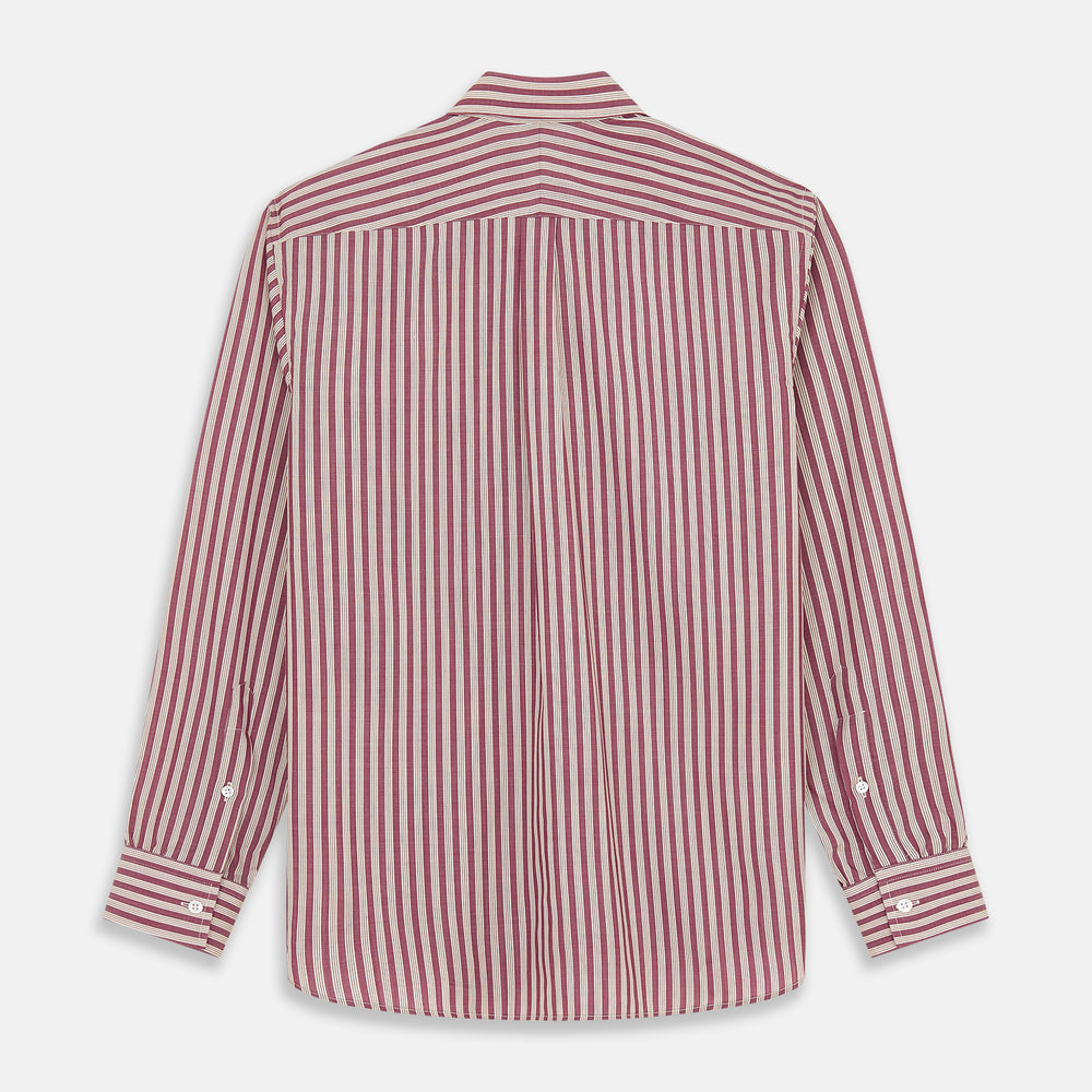 The Turnbull & Asser Burgundy Multi Stripe Weekend Fit Wool Shirt features a Derby collar, 1 button cuffs, and vertical red and white stripes, ideal for casual wear, shown against a white background.