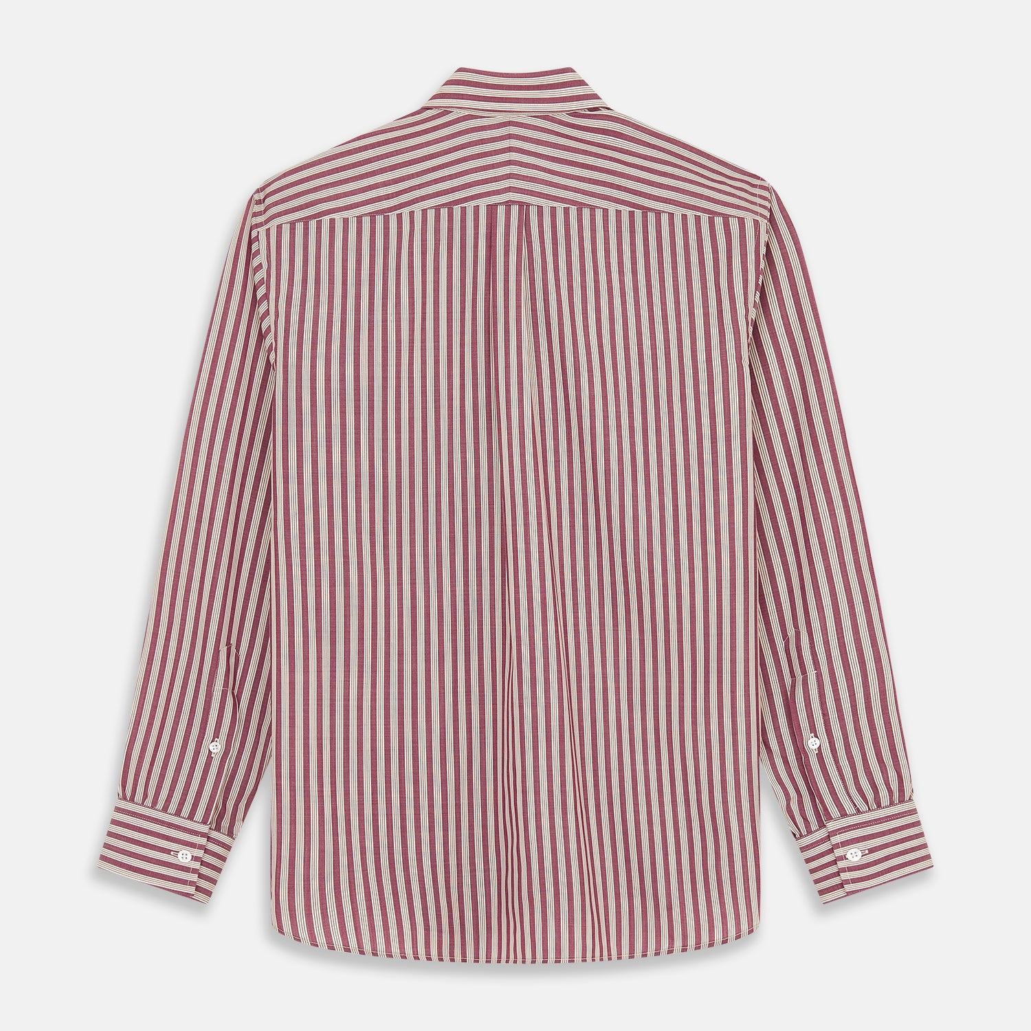 View 5 of product The Turnbull & Asser Burgundy Multi Stripe Weekend Fit Wool Shirt features a Derby collar, 1 button cuffs, and vertical red and white stripes, ideal for casual wear, shown against a white background.