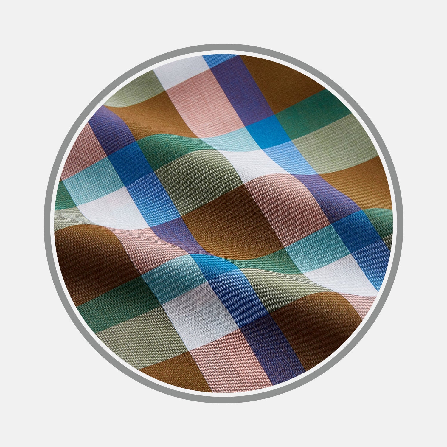 View 1 of product A close-up of Turnbull & Asser's Green and Pink Multi-check Cotton Blend Fabric, shown in a circular frame to highlight its vibrant multicolored check pattern and textured weave.