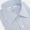 View 2 of product The Turnbull & Asser Navy Double Pinstripe Mayfair Shirt is a long-sleeve, button-up collared shirt with thin vertical blue and white stripes, shown against a plain white background.
