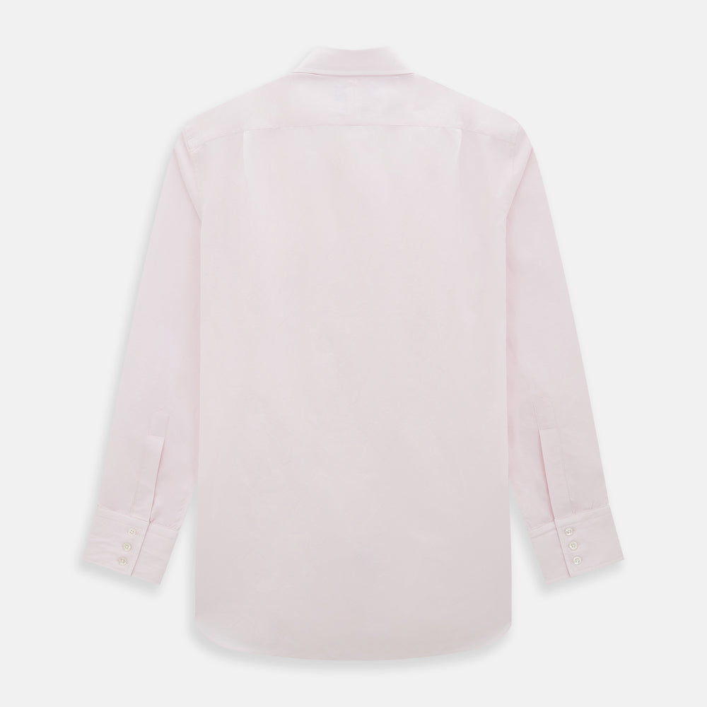 The Soft Pink Mayfair Shirt by Turnbull & Asser is a long-sleeved, sanforised cotton button-up with a classic collar, white buttons, and buttoned cuffs, shown against a plain white background.
