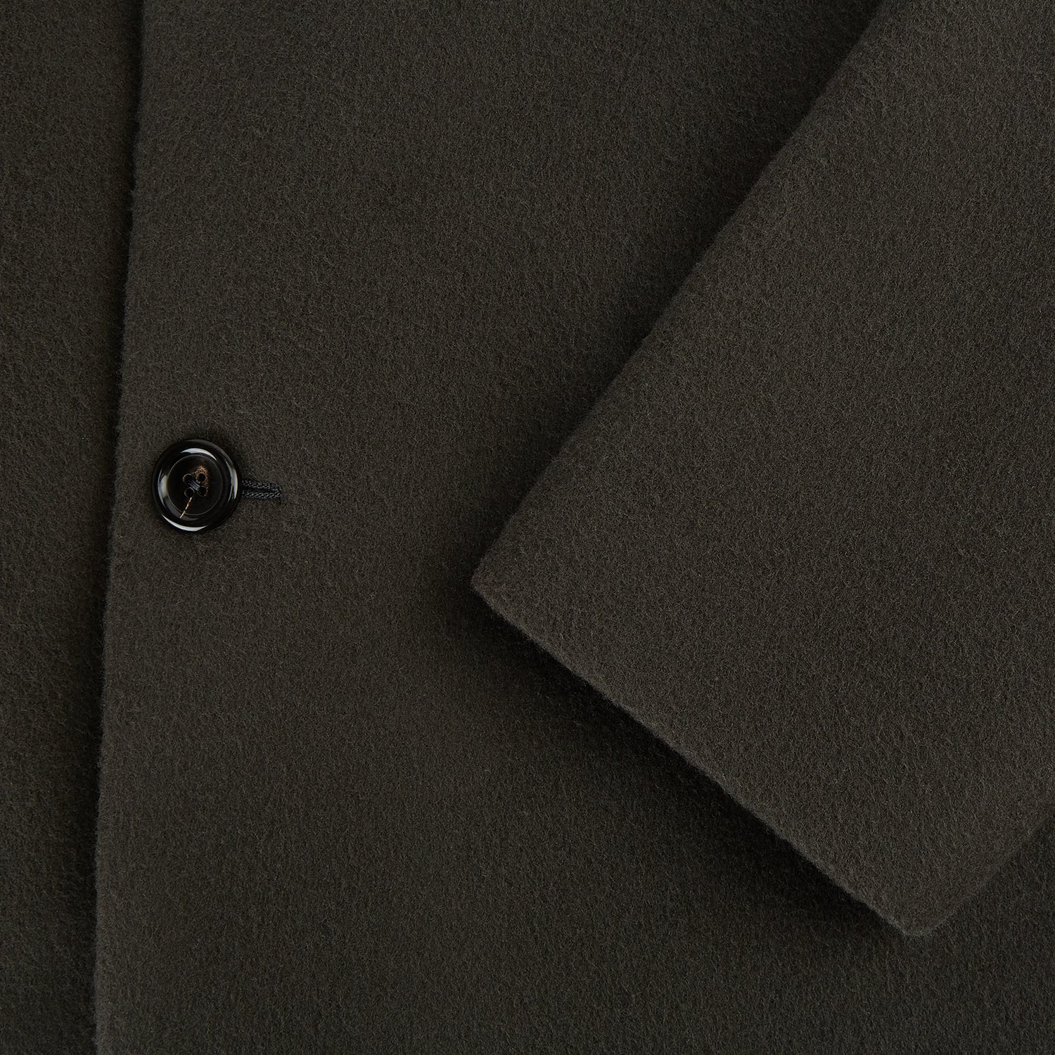 View 4 of product The Turnbull & Asser Olive Brown Apsley Single-Breasted Caban Coat for men features three buttons, notched lapels, and three front pockets, shown against a plain white background.