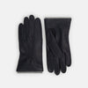 View 1 of product A pair of Turnbull & Asser Navy/Grey Cashmere-Lined Hairsheep Leather Gloves with visible stitching and soft cashmere lining. One glove is palm up, the other palm down, displayed side by side on a white background.