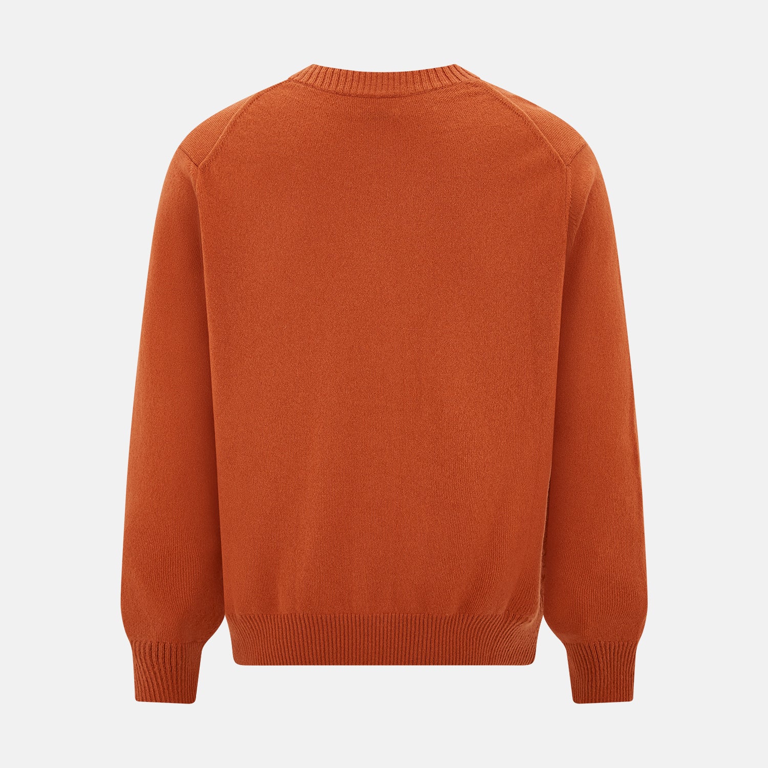 View 3 of product The Orange Cashmere Cardigan by Turnbull & Asser showcases vibrant burnt orange, a V-neck, dark buttons, ribbed cuffs and hem, long sleeves, and two front pockets. Part of the knitwear collection; displayed on a white background.