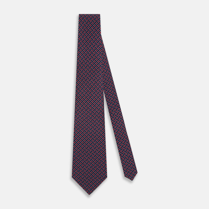 Navy and Pink Woven Printed Silk Tie Image 1